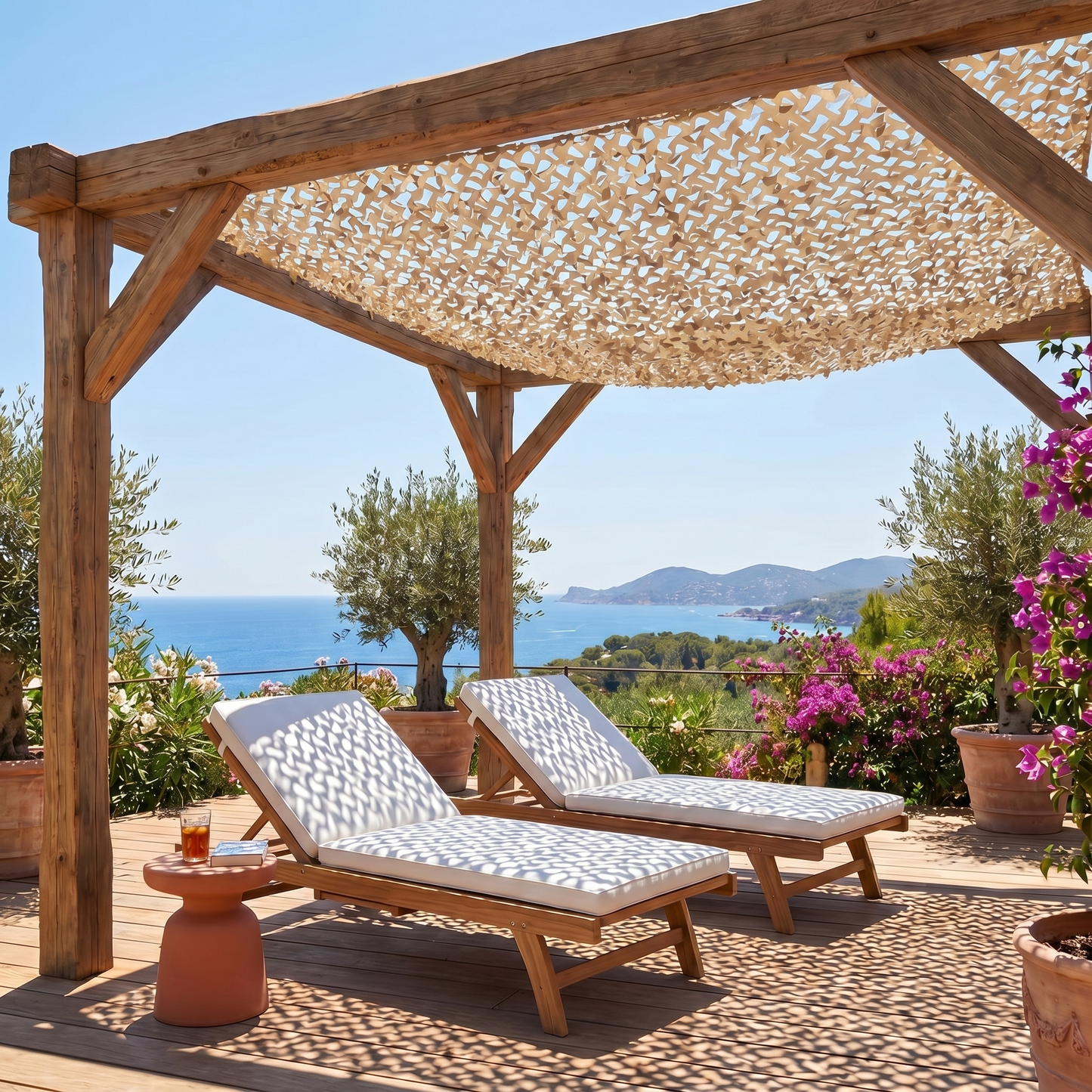 Filet de camouflage renforcé sable pour terrasse et pergola - Ambiance méditerranéenne